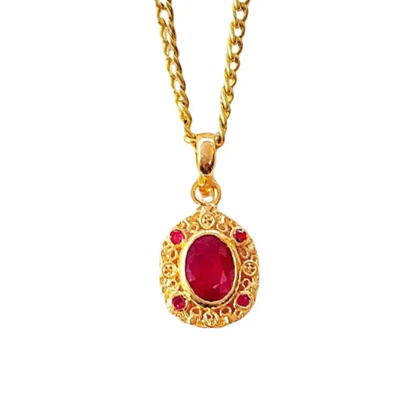 Victorian Design Ruby Glass Filled Stone Solid 925 Sterling Silver Unique Design Charm Necklace Gold Plated Women Jewelry