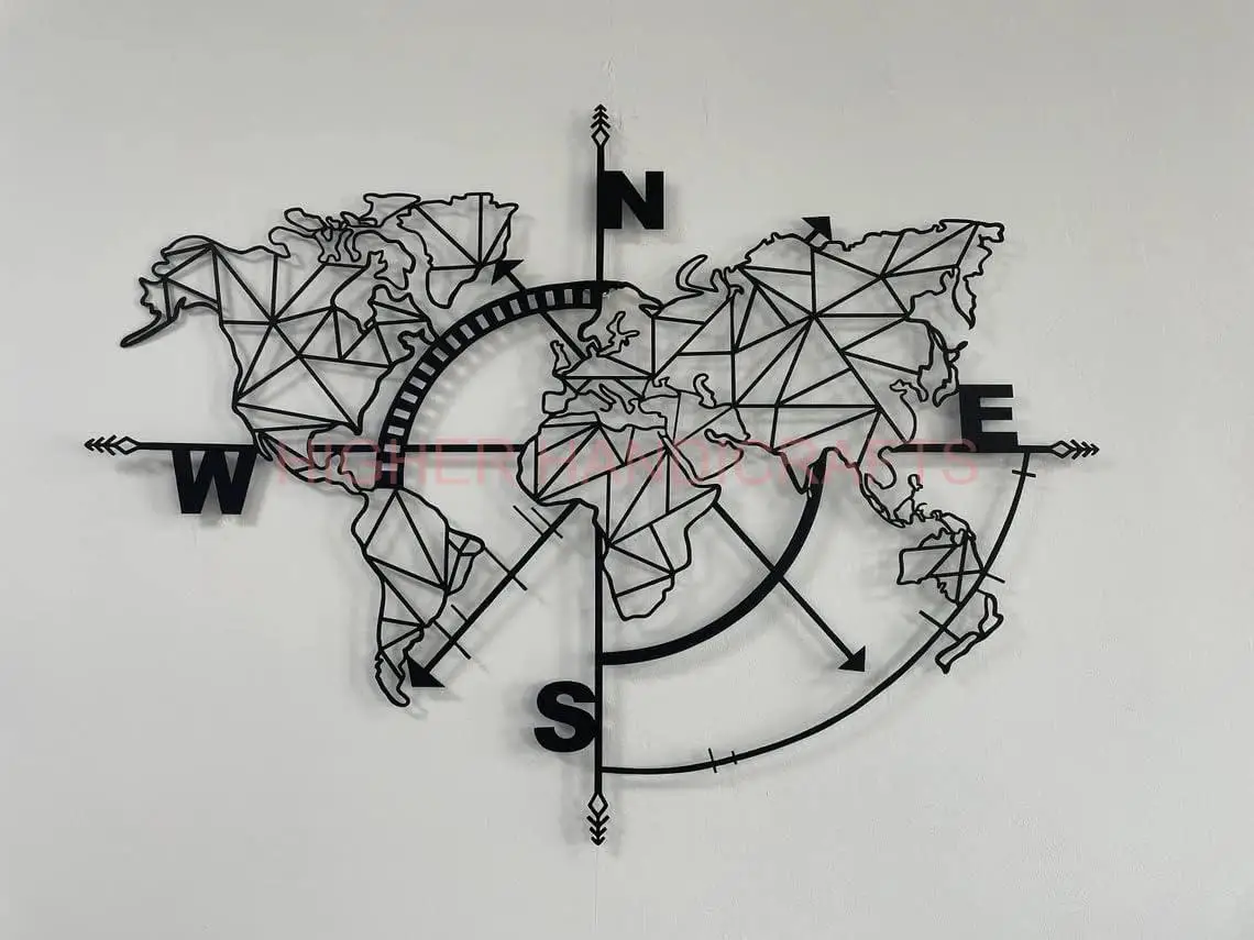 Metal World Map Wall Art Geometric Compass Design Wrought Iron Wall Decor Rustic Metal Mounted Wall Arts for Home Decorations