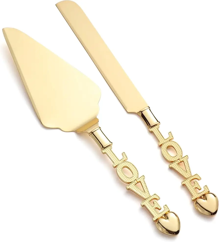 Sleek, Modern Gold Handles Add Sophistication To Both The Cake Cutter And Server Of This Wedding Cake Serving Set.