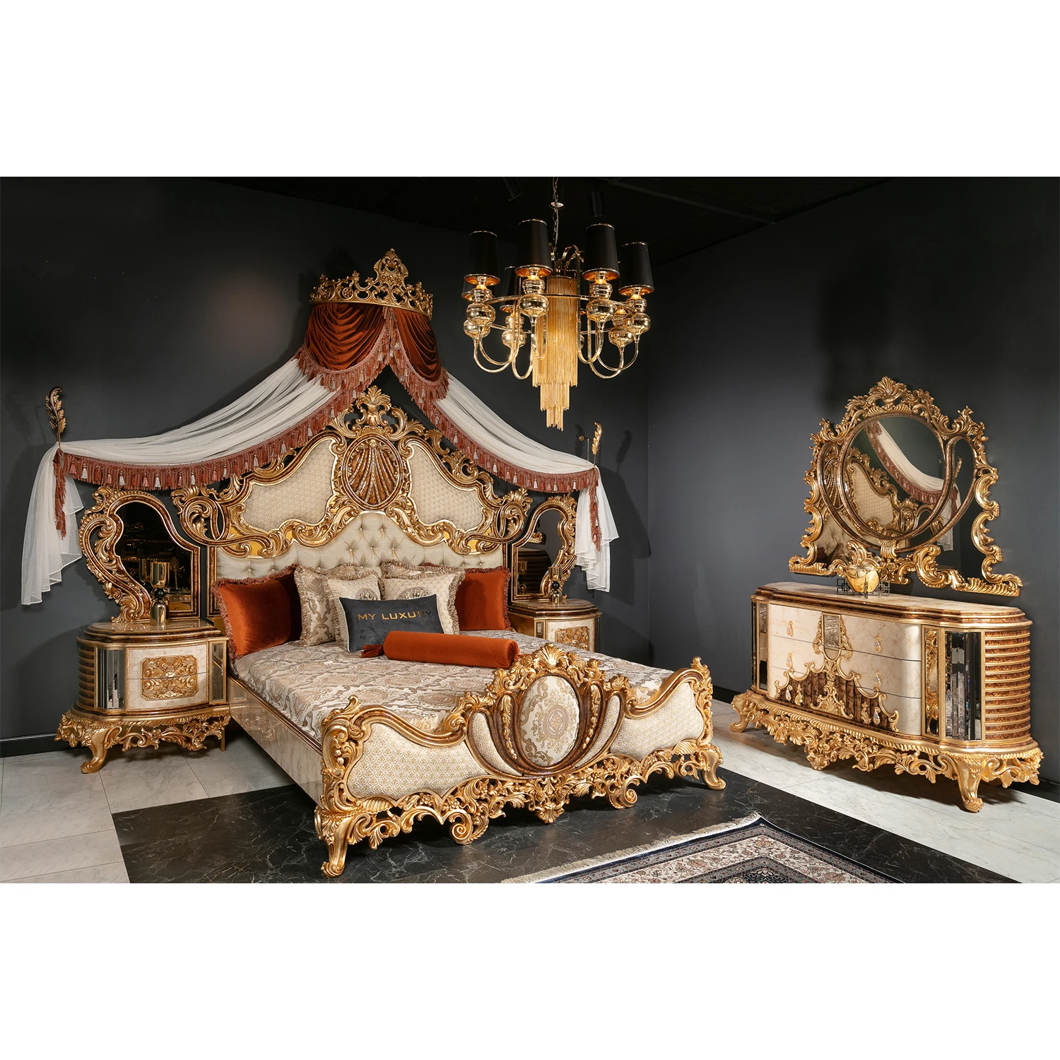 Turkish Middle East Eastern Luxury Antique Royal Hand Carved Bedroom Furniture Classical Meuble White Gold Most Popular Bed Set