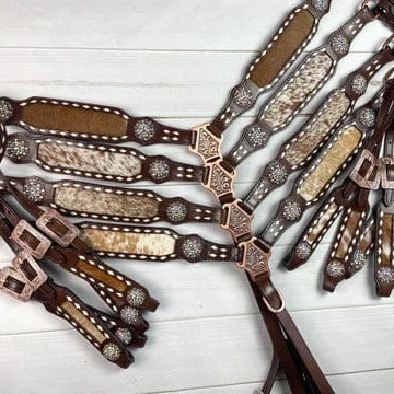 Cowhide on Dark Leather with Buckstitch crystal concho set Premium Cowhide lightweight seasonal horse equipment tack