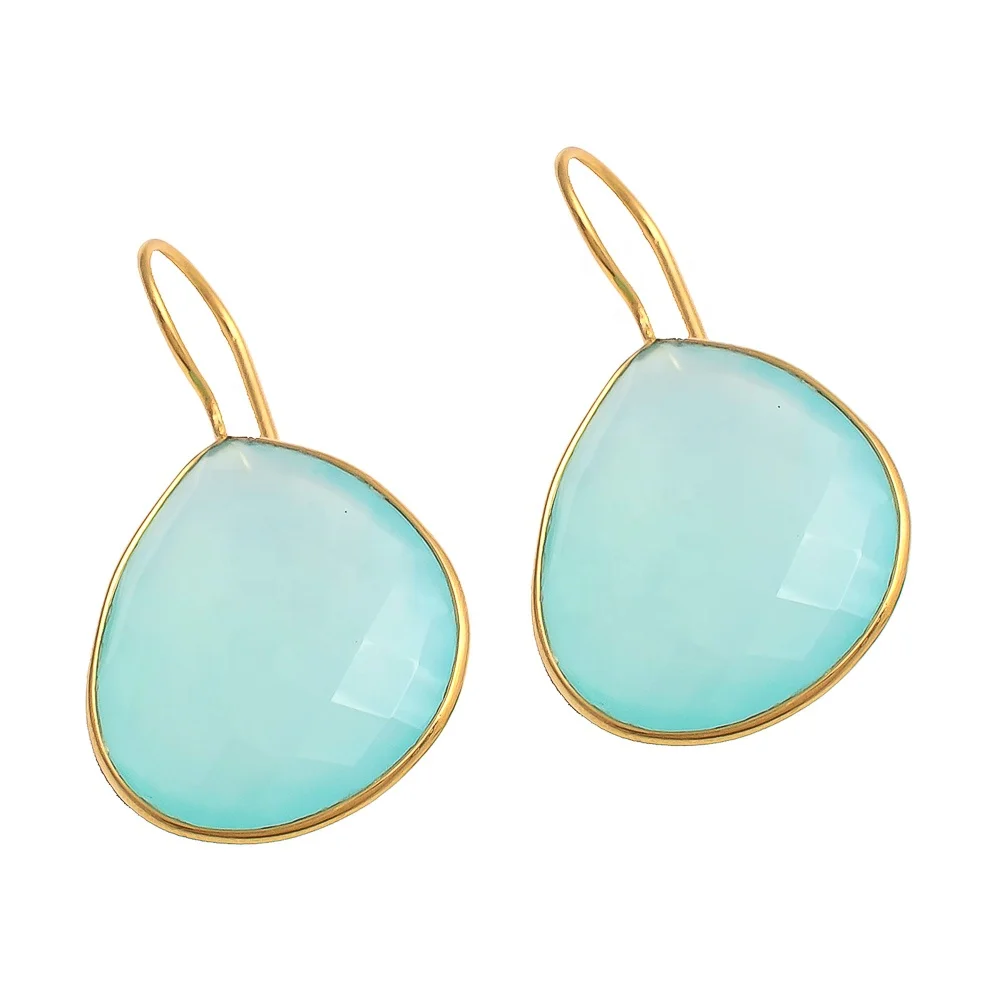 Aqua Chalcedony Wire 14k Gold Filled Dangle Earrings Women Handmade Solid Silver Earrings Natural Aqua Chalcedony Drop Earrings