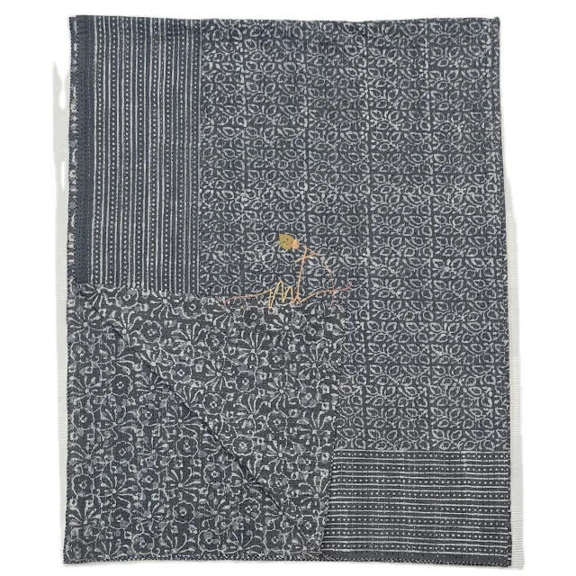 Indian Hand Printed Decorative Bedspread 100% Cotton Indigo Print Kantha Handmade Reversible Double Sided Quilted 90x108 Inch