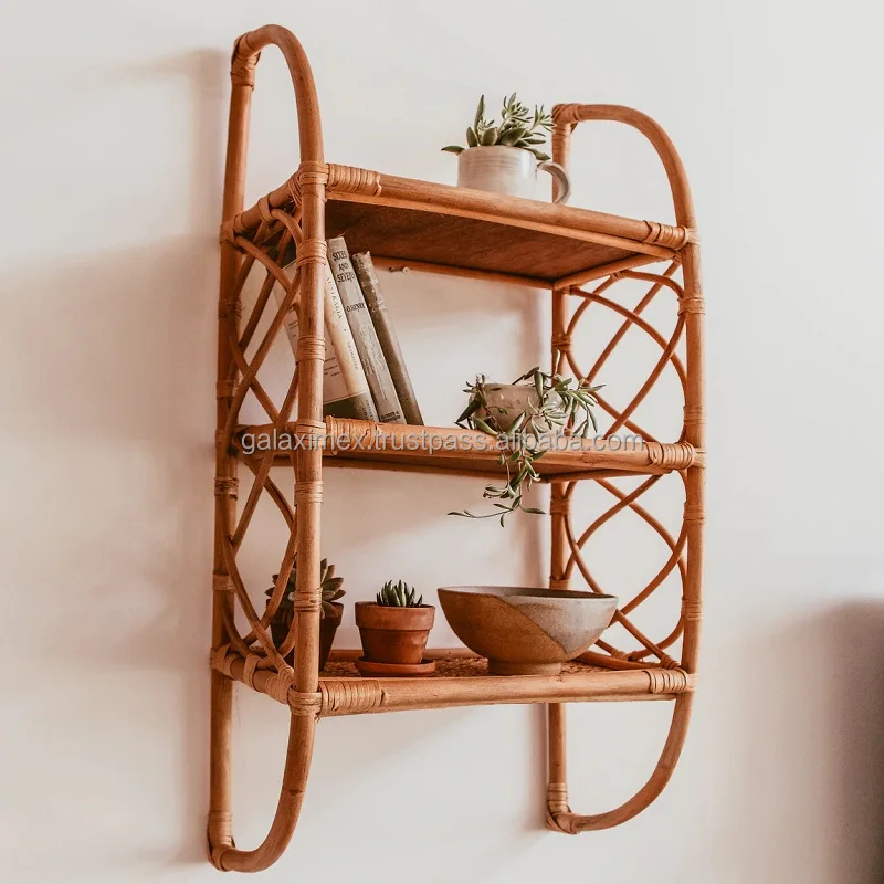Handmade Wood Floating Wall Mounted Rattan Cane Shelf Hot New Home Decoration for Bathroom Storage with Wicker Rattan