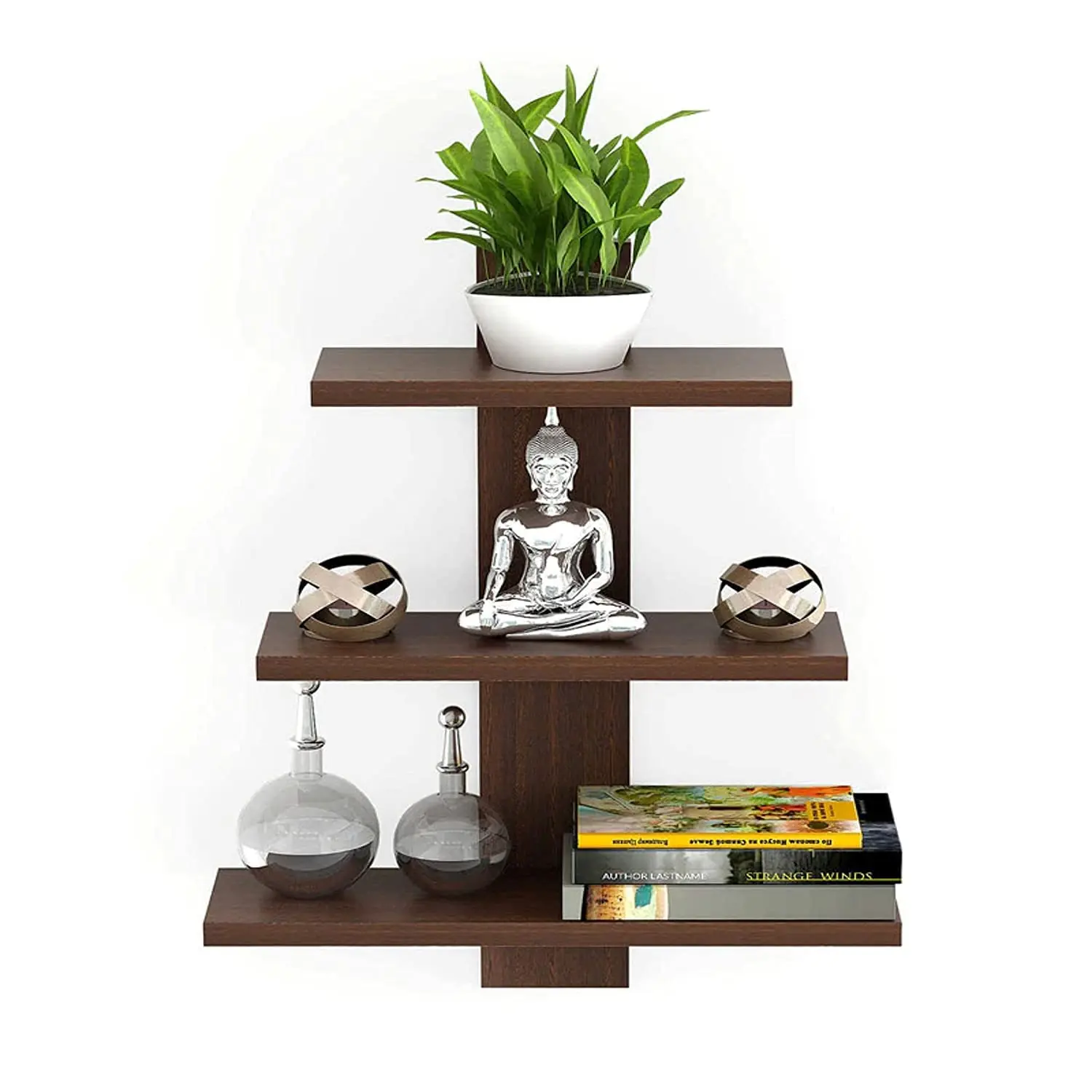 Wooden Wall Shelf|Multipurpose Tree Shape Display Rack|Engineered Wood Mount 3 Tier Shelves For Office & Home Decor (Brown)
