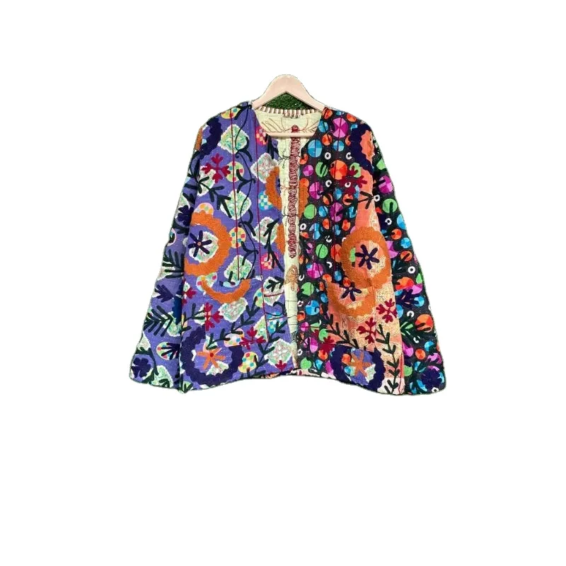 Indian Cotton Vintage Quilted Kantha Jacket Uzbek Suzani Hand Embroidered Winter Coat Unisex Party Wear Jacket Handmade Gudri