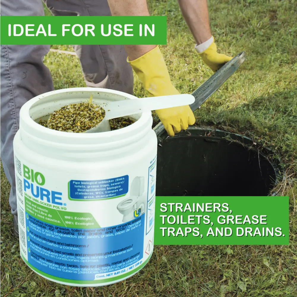 Biopure Drain Unblocker Powder - Biological Pipe Cleaner & Preventive Treatment for Toilets, Drains, Grease Traps & Sewers