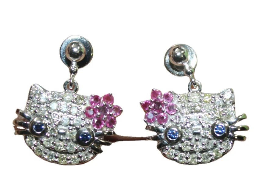 Premium Quality Fine Jewelry Earring with 1.41 ctw Diamond White Gold Ruby Sapphire Hello Kitty Earring for Export Sale