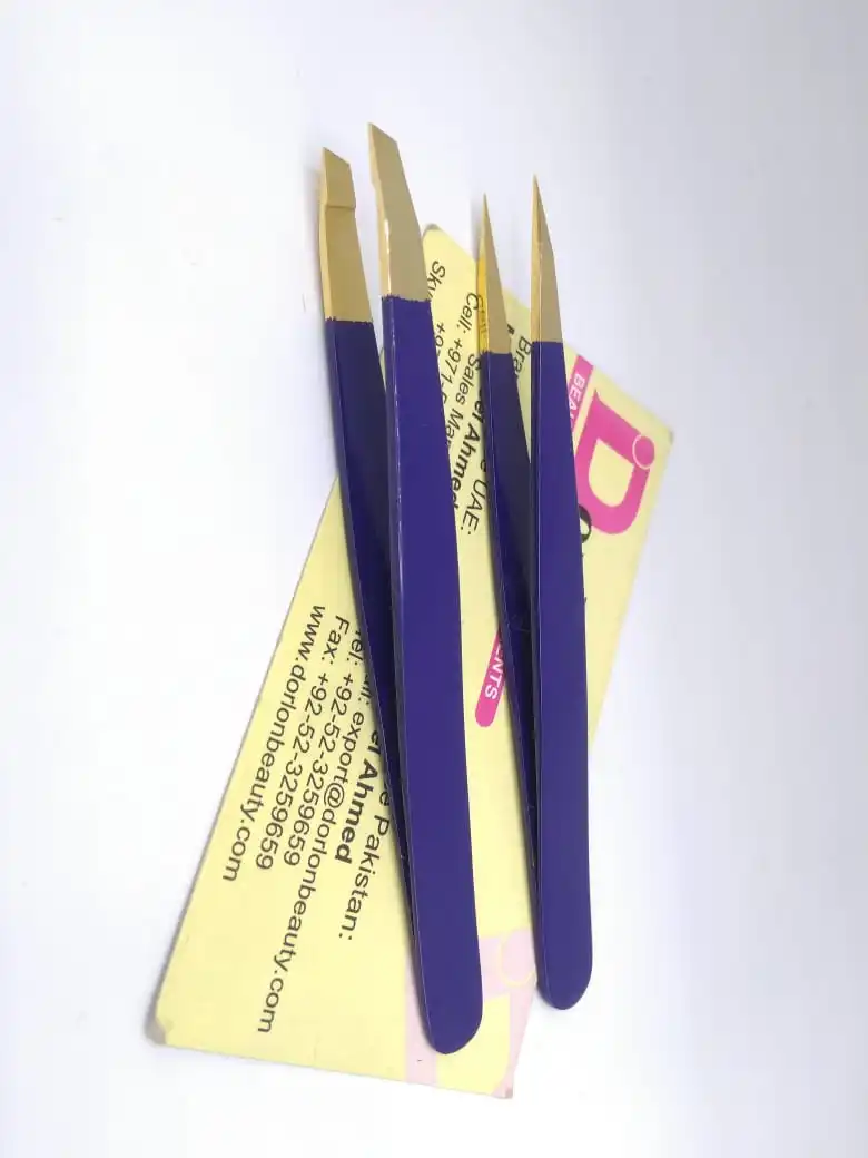 Gold Plated Tips With Blue Color Coated Eyebrow Tweezers Custom Logo Offer Professional Beauty Brow Tweezers With Spring Scissor