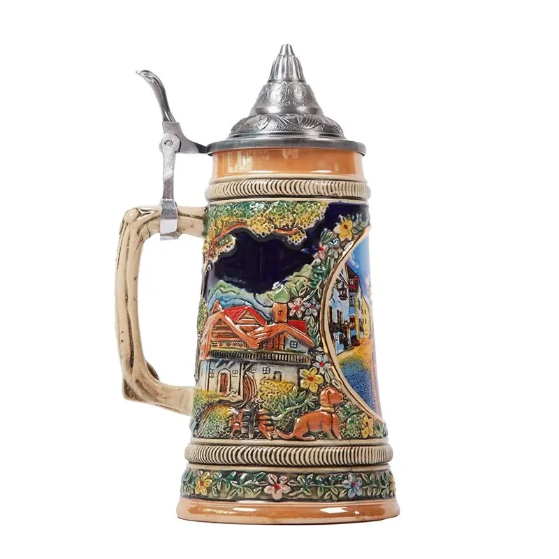 Ceramic Beer Stein Mug German Frankfurt Oktoberfest Tankard with Petwer Lid Porcelain German Beer Cup in Bulk
