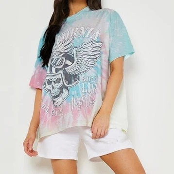 Streetwear Style Custom Logo  Skull Butterfly Pattern Tie Dye Short Sleeve Printed Pure Cotton Oversized Women T-shirt