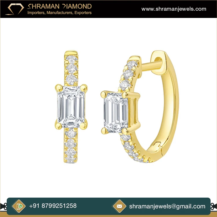 Premium Luxury Fashion Jewelry Anniversary Gift 2.15 CTS 10KT Gold Custom Emerald Cut Lab Grown Diamond Mini Hoop Earring