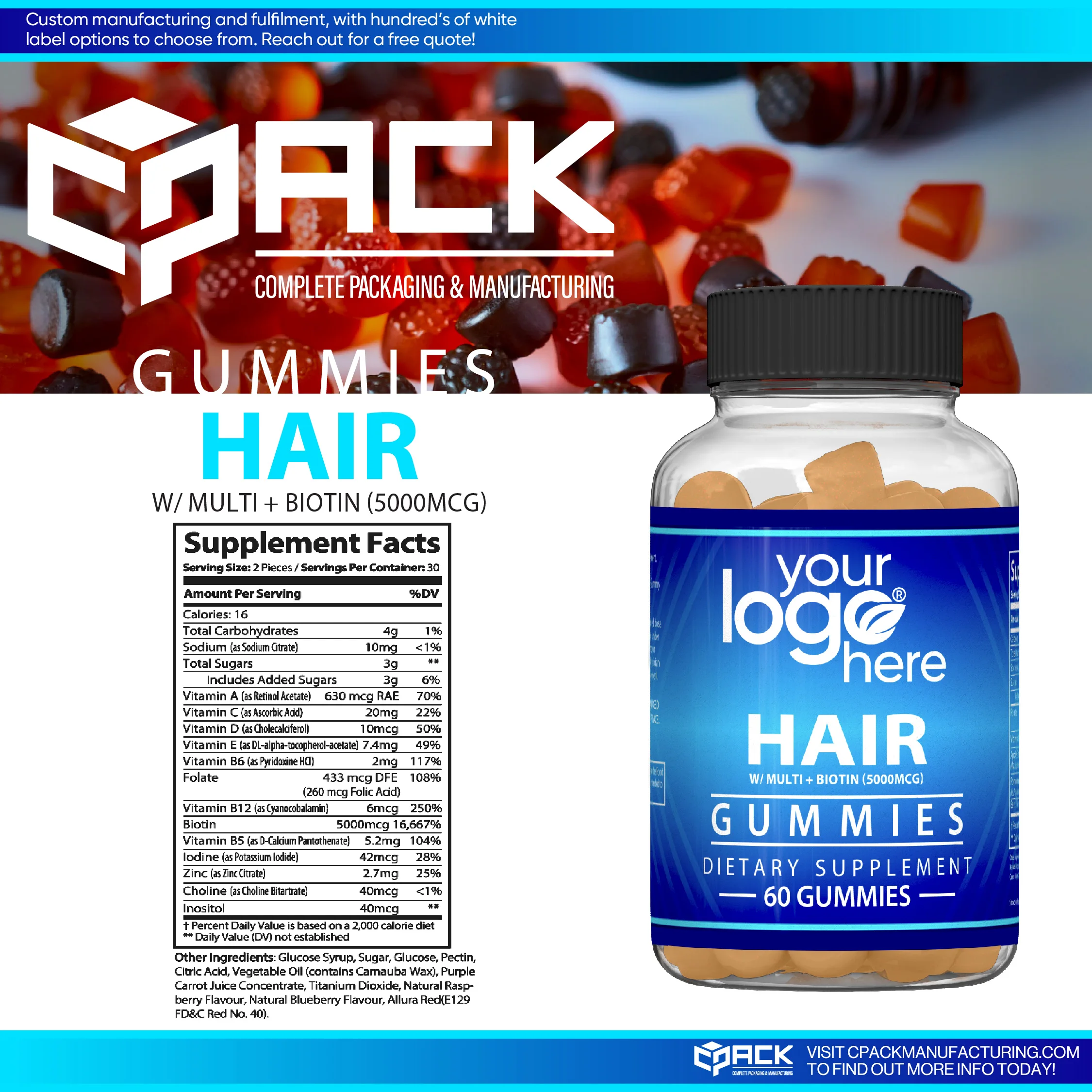 OEM/ODM Gummies с витамином биотин для волос роста кожи ногтей женщин поддержка здоровья