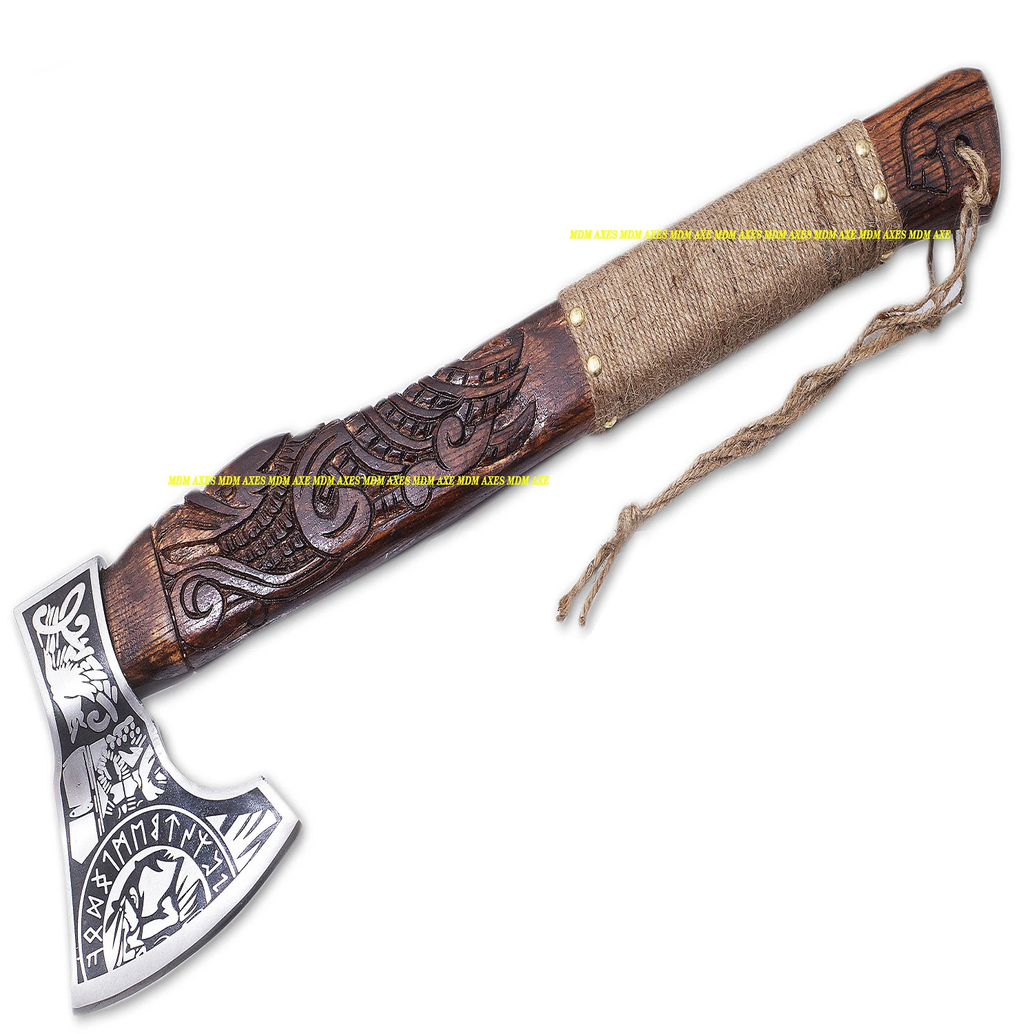 HANDMADE 5160 STEEL CUSTOM HANDMADE VIKING RAVEN AXE WITH AMAZING ENGRAVED AND ROPE HANDLE WITH BEAUTIFUL LEATHER SHEATH