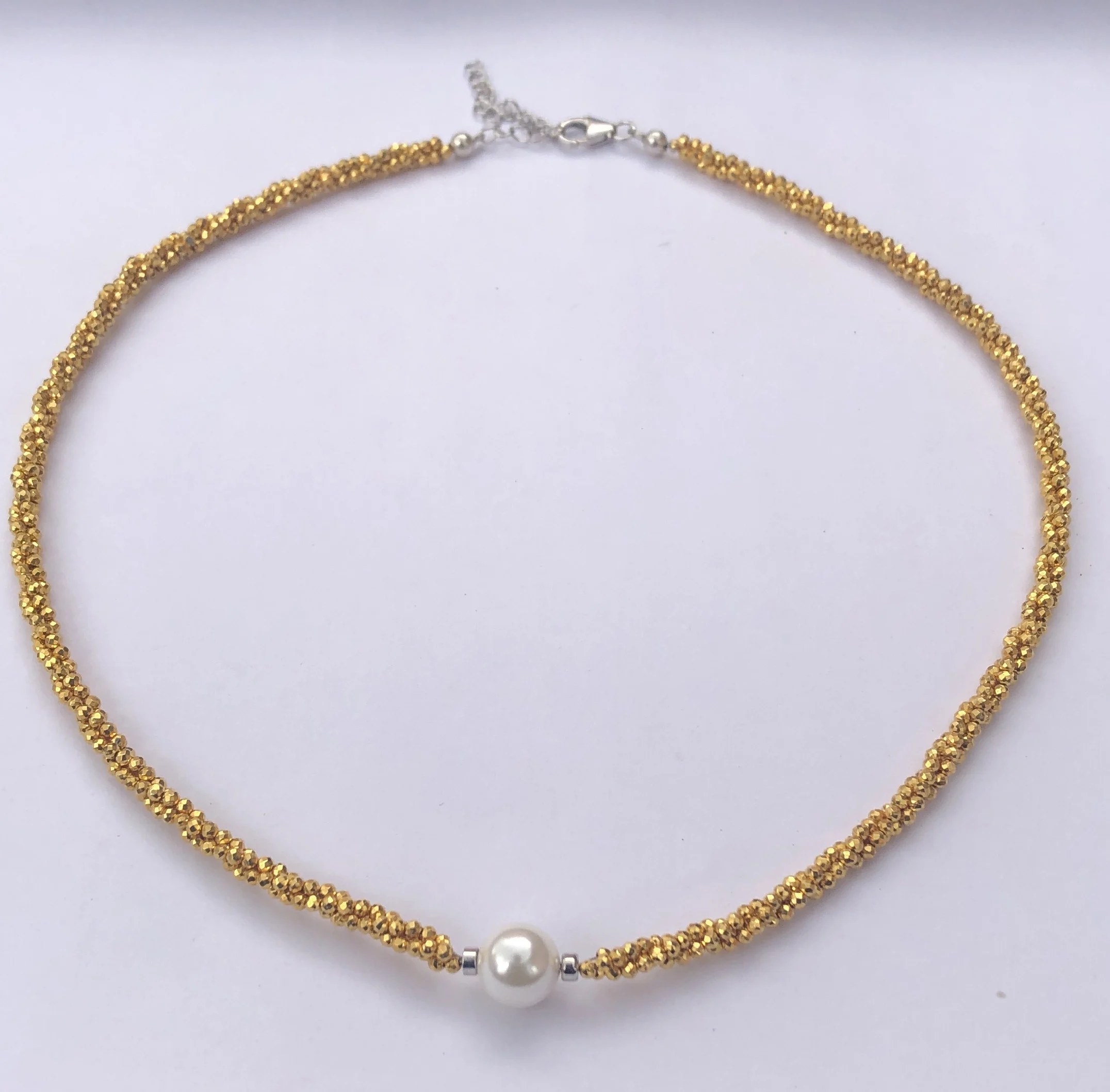 6mm 8mm Natural Golden Pyrite Twisted White Freshwater Pearl Beads Necklace Fine Beaded Jewelry Light Weight Minimalist Design