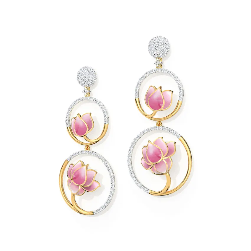 Lotus in a Pond Diamond Drop Earring 18kt yellow gold and diamonds handcrafted using the legendary art Ear Ring For Party Wear