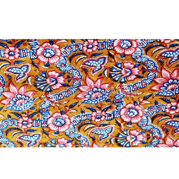 Premium Quality 100 % Cotton Fabric Yellow Amber Color Hand Block Printed Fabric Voile Fabric for Home Textile