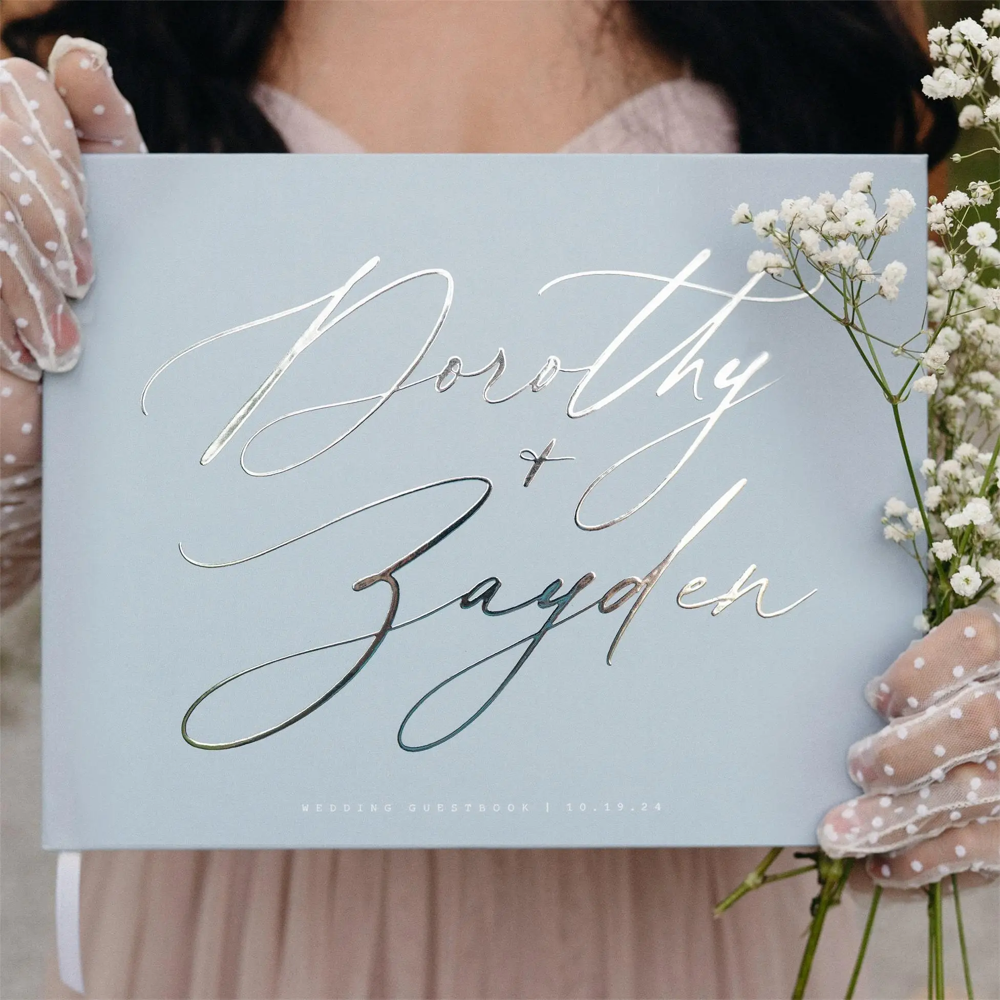 Custom Hardcover Perfect Binding Wedding Guest Book With Gold Foil Stamping Title And Pen