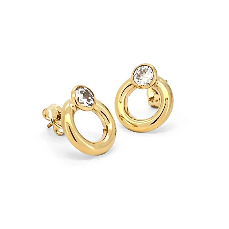 Trendy Spanish Design Stud Earrings Stamped with Zircon 14k Yellow Gold Fine Jewelry for Women Bezel Setting Technique