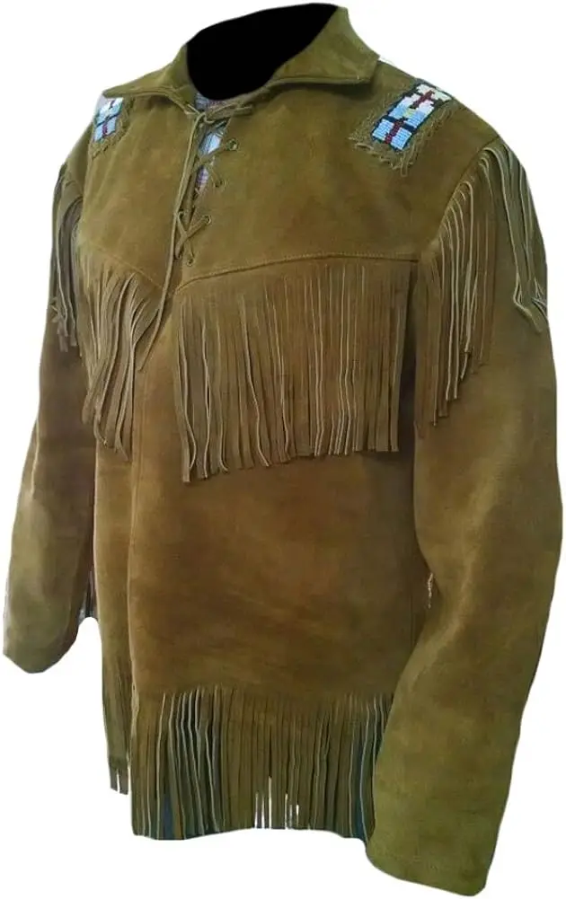 100% Genuine Cow Suede Leather Warrior Western Style Indian Style American Style fringed & Beaded Leather Shirt For Men 2024