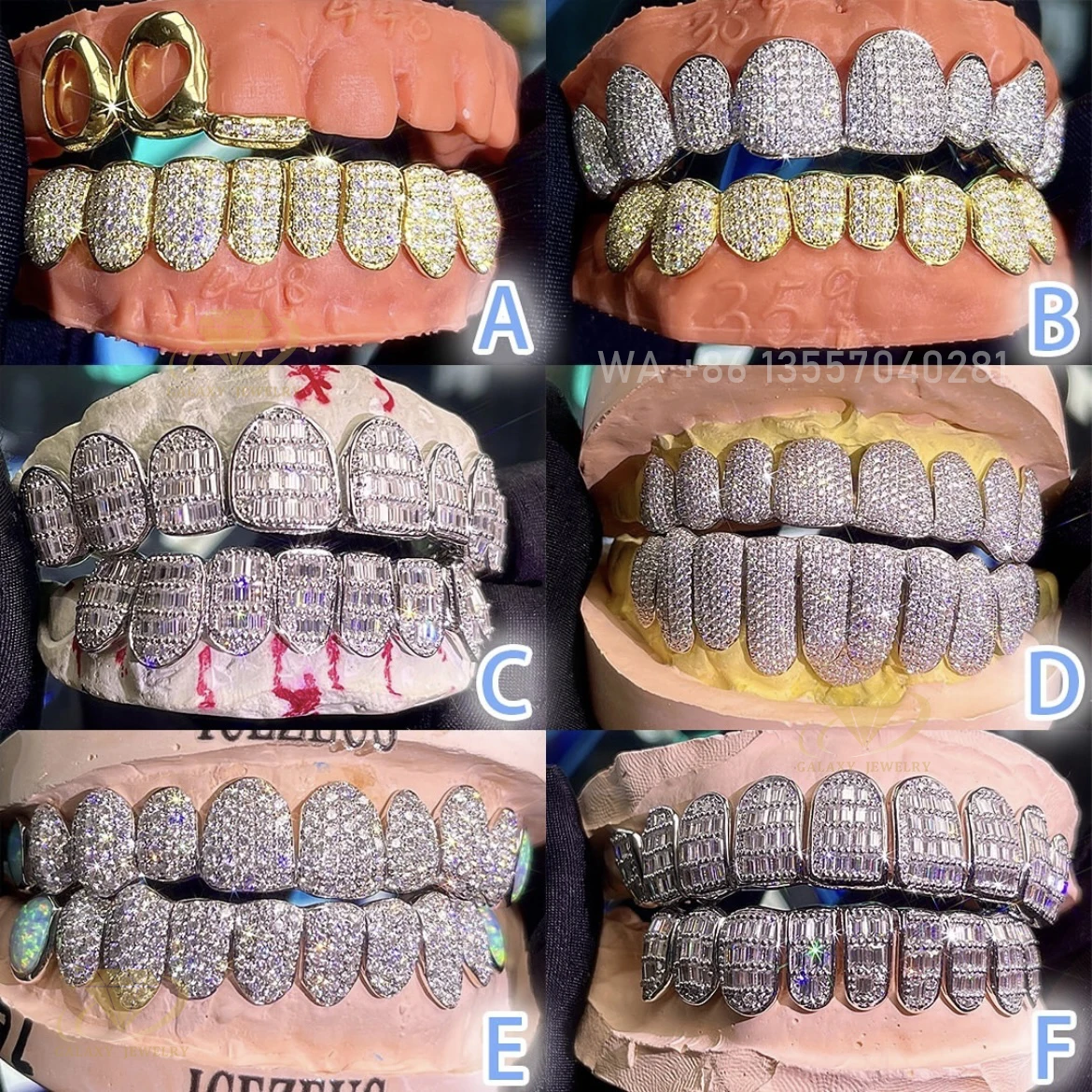 Hip Hop Grillz 10 Top 10 Bottom 925 Solid Silver Iced Out Grills Teeth Custom Punch Cut Men Gold Diamond Dust Cut Grillz