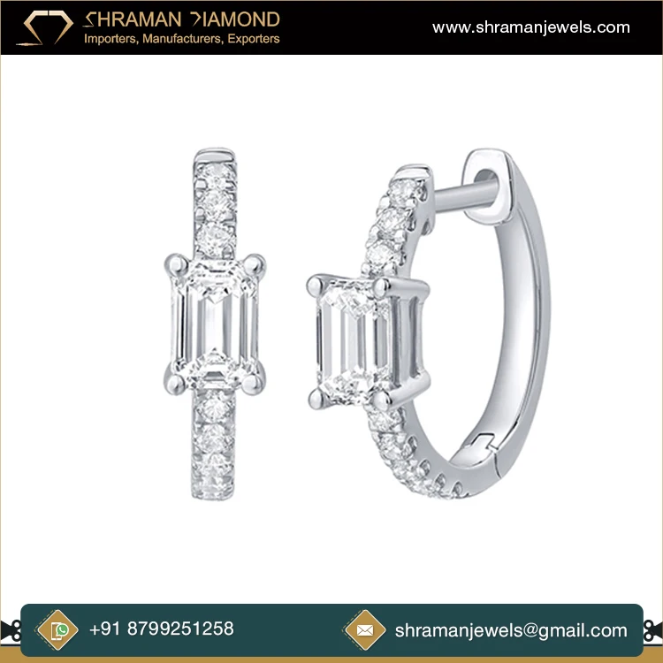 Premium Luxury Fashion Jewelry Anniversary Gift 2.15 CTS 10KT Gold Custom Emerald Cut Lab Grown Diamond Mini Hoop Earring