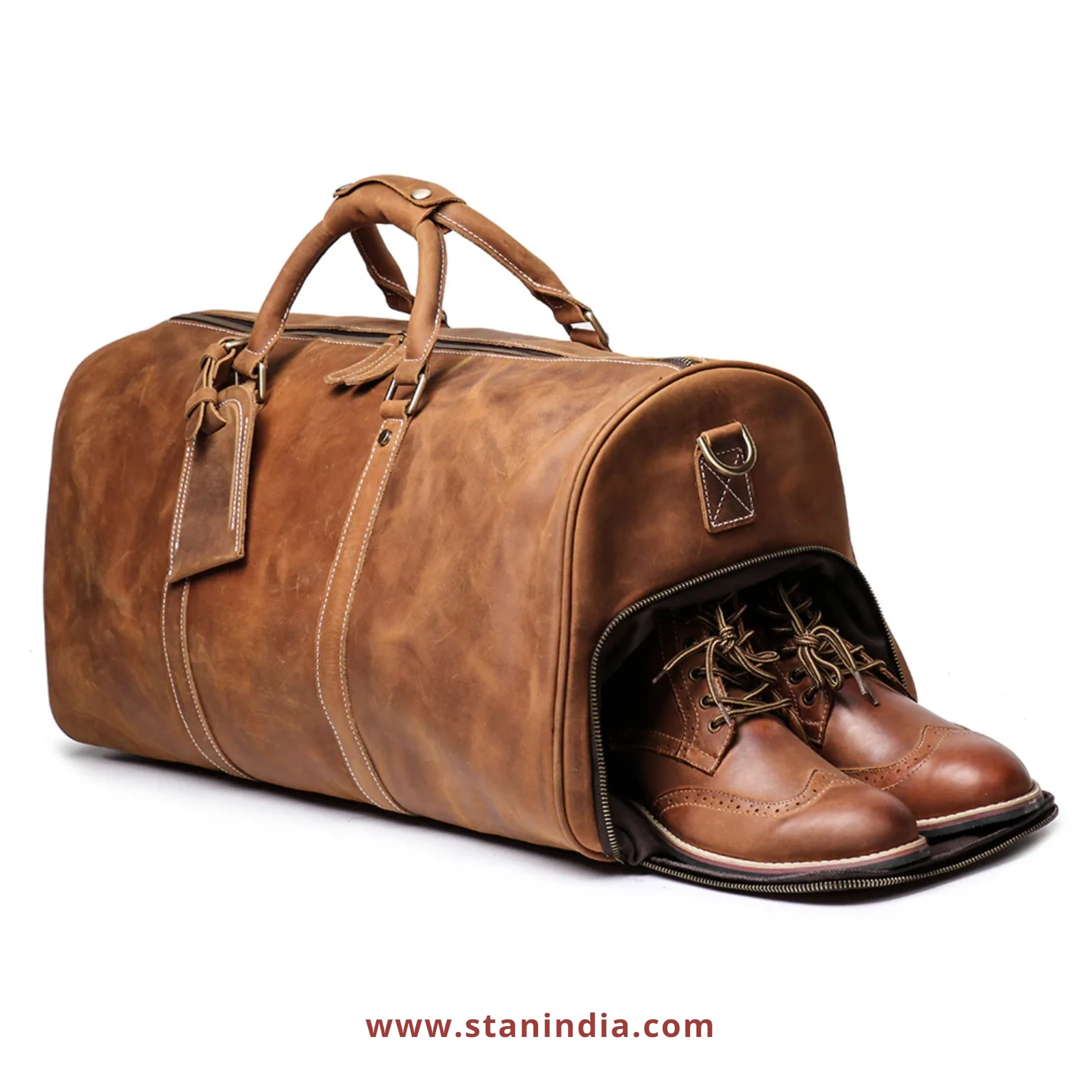 Elegant Brown Vintage Leather Duffel Bag  Men Genuine Crazy Horse Leather Weekender with Shoe Compartment Design and Custom Logo