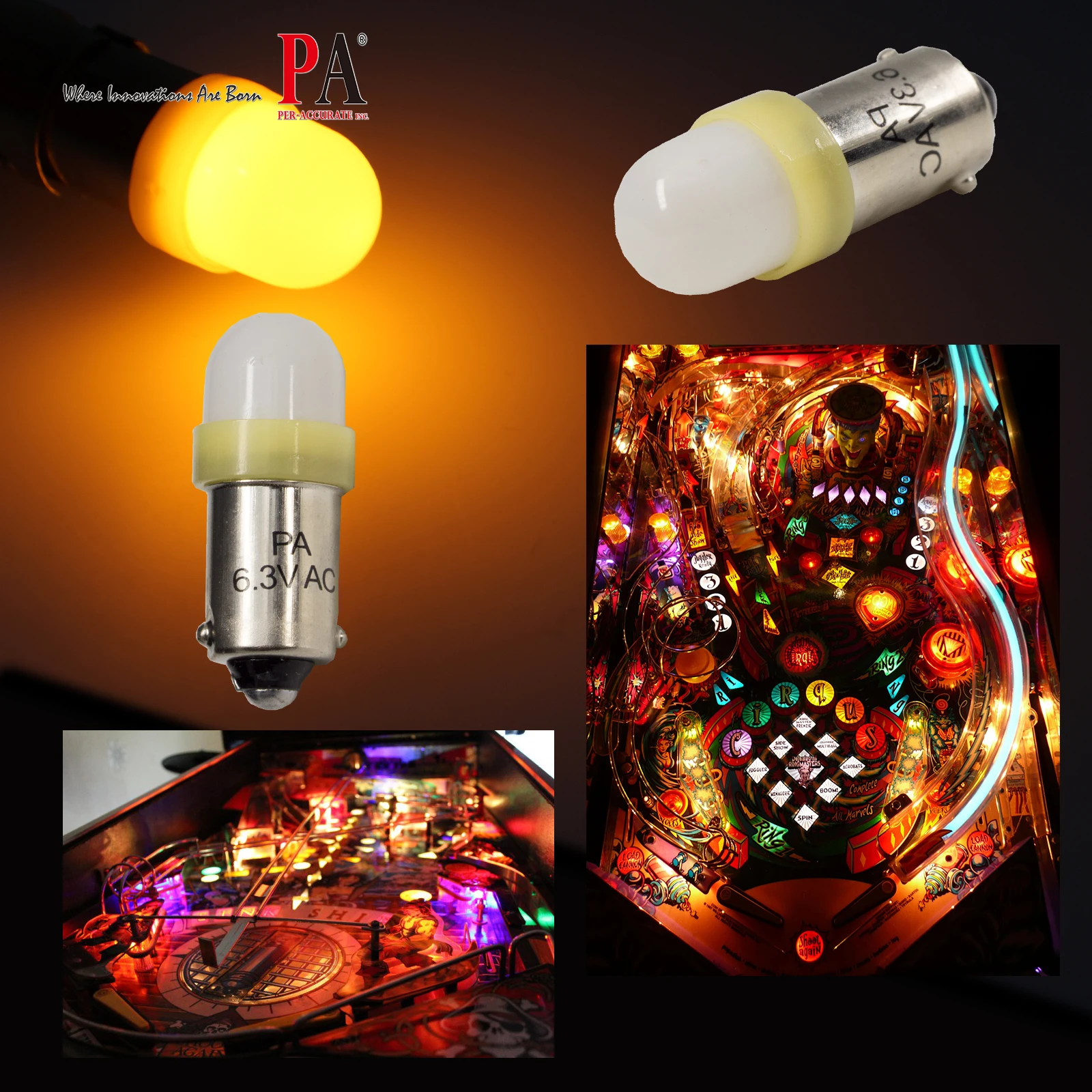 PA Pinball LED Bulb 2 SMD 2835 Ba9s #44 #47 T4W 1445 wedge LED Yellow Colorful Gaming Machine Light 6.3v AC/DC