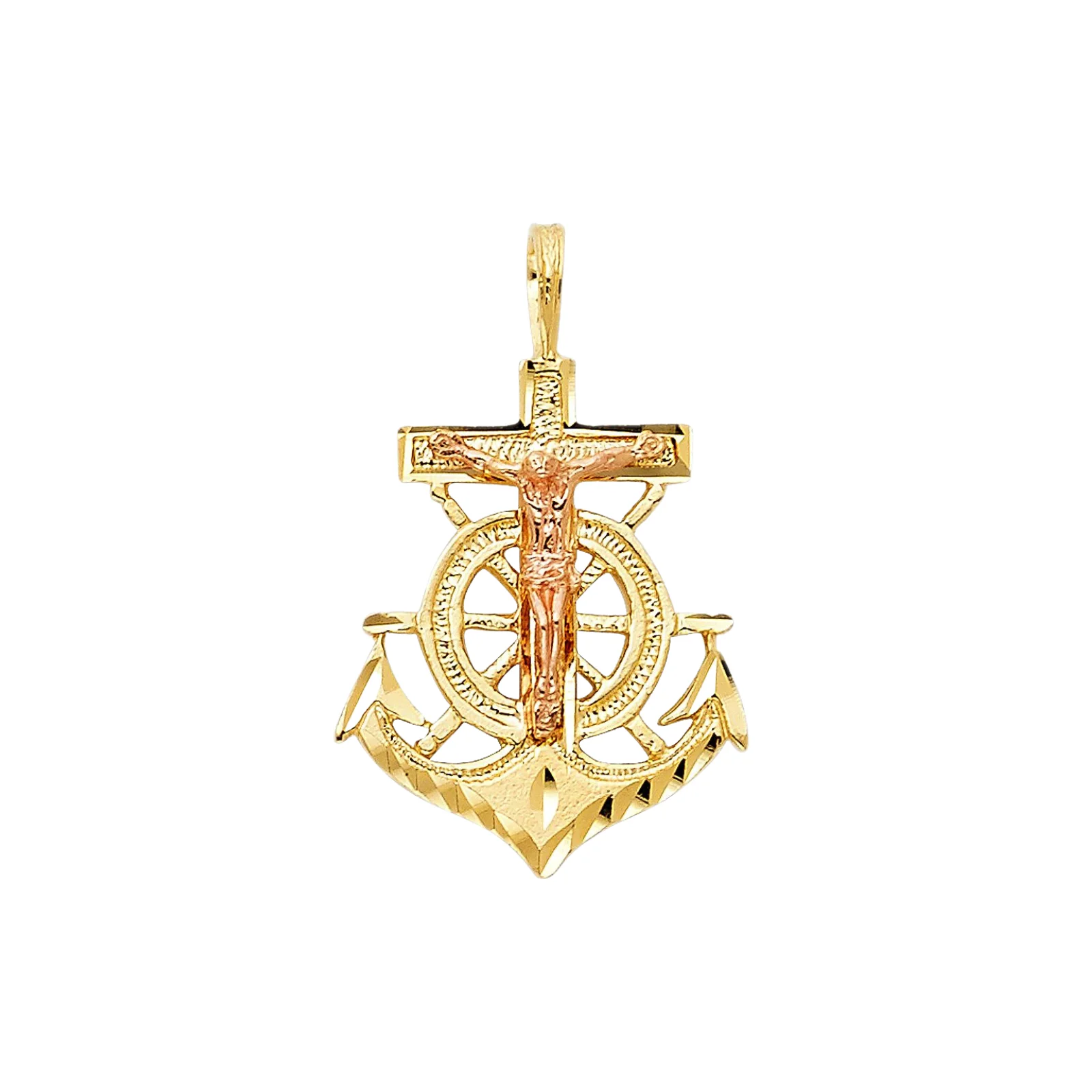 Jesus Anchor Crucifix Pendant 14k Yellow and Rose Gold Plated Mariner Cross Charm Two Tone Luxury Jewelry