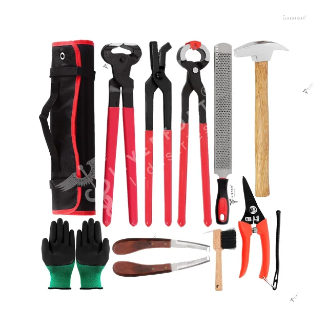 12pcs Veterinary Instrument Set Farrier Roll Pack Hoof Trimmers Rasp File Horseshoe Brush Hoof Knife Mouth Unloading Pliers Nail