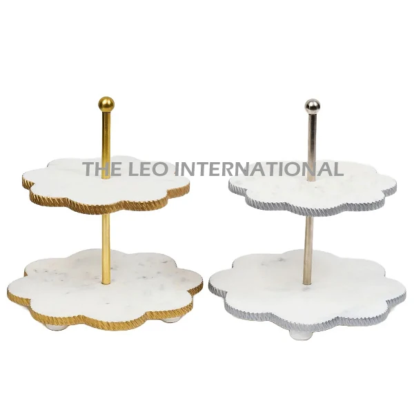High Quality Metal Marble and Aluminum  2 Tier Cake Stand Flower Shape Gold Plate Silver Color 12X12X16 Inch Wedding Decoration