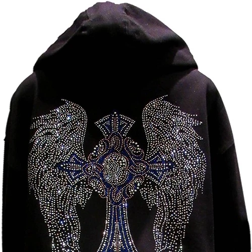Multicolor Rhinestone Cross and Angel Wings Black Zipper Hoodie