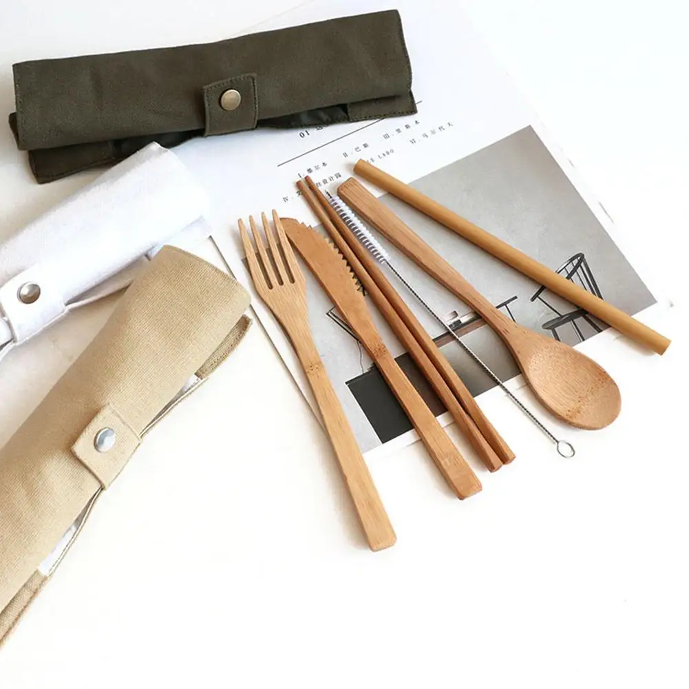 Custom utensils portable reusable travel picnic camping cutlery set eco friendly wooden bamboo eating utensils