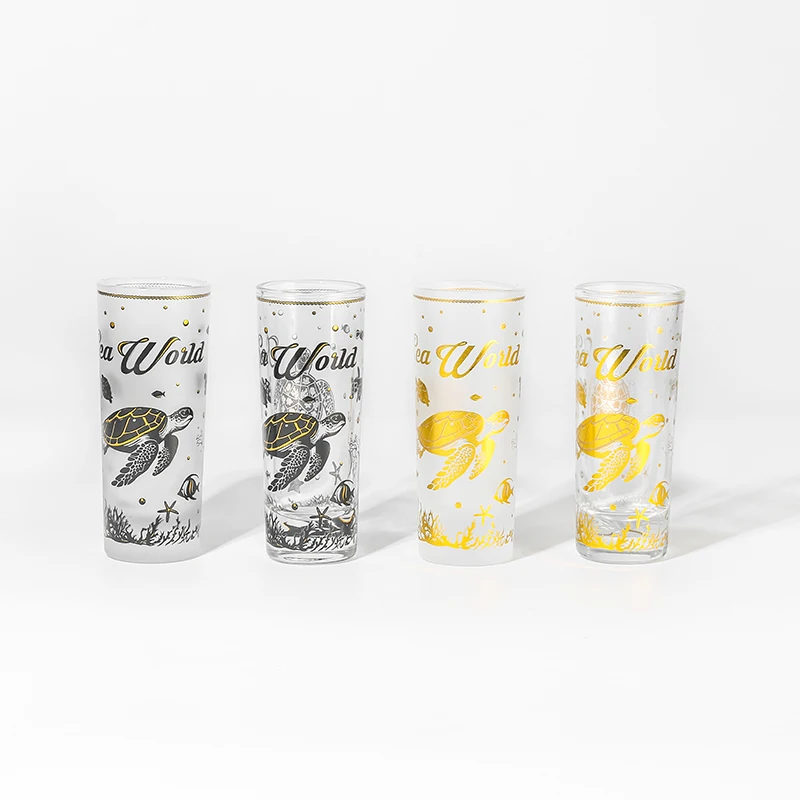 Custom Souvenir Original  2oz 60ml Shot Glass Thick Base Straight Black Gold Sea World Print  Shot Glasses