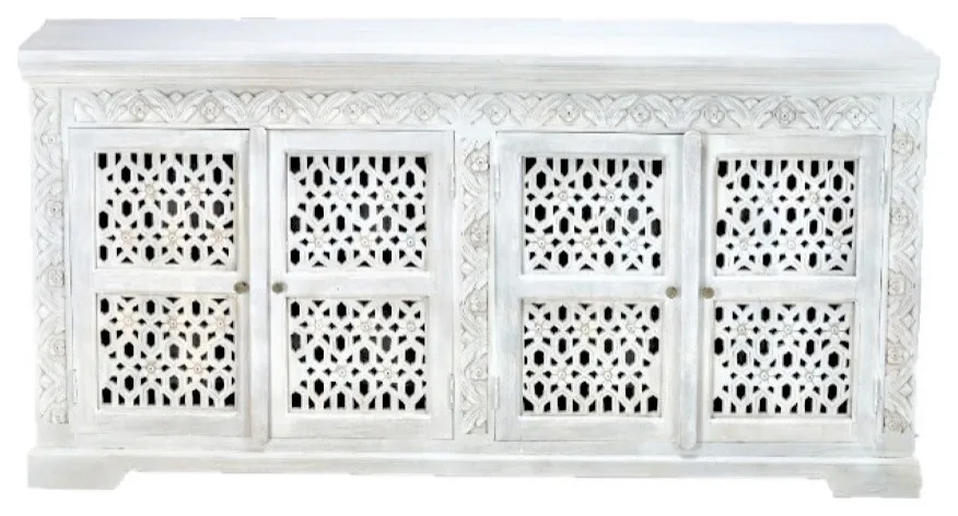 Solid White Mango Wood Sideboard Handcarved for Bedroom Dining Room Hotel Farmhouse Home Bar Furniture with Storage Features