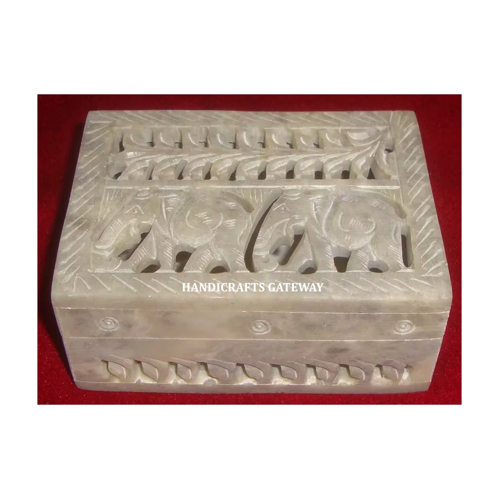 Beautiful Creative Hand Carving Elephant Design Top Quality Natural Soapstone Rectangular Shape Carved Jewelry Storage Box