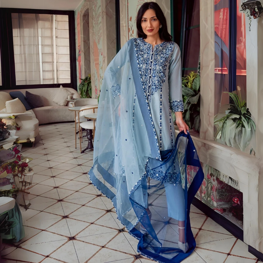 Indian pakistani style Casual salwar kameez Embroidered Shirt Front of HandKhaddi Pure Cotton with Embroidery Border