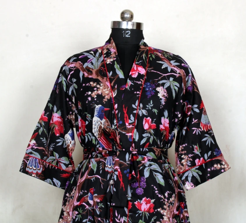Indian Hand Block Printed Cotton Kimono Robe Beautiful Floral Print Kimono Gown Bridesmaid Gown Long Bath Robe Gift For Her.