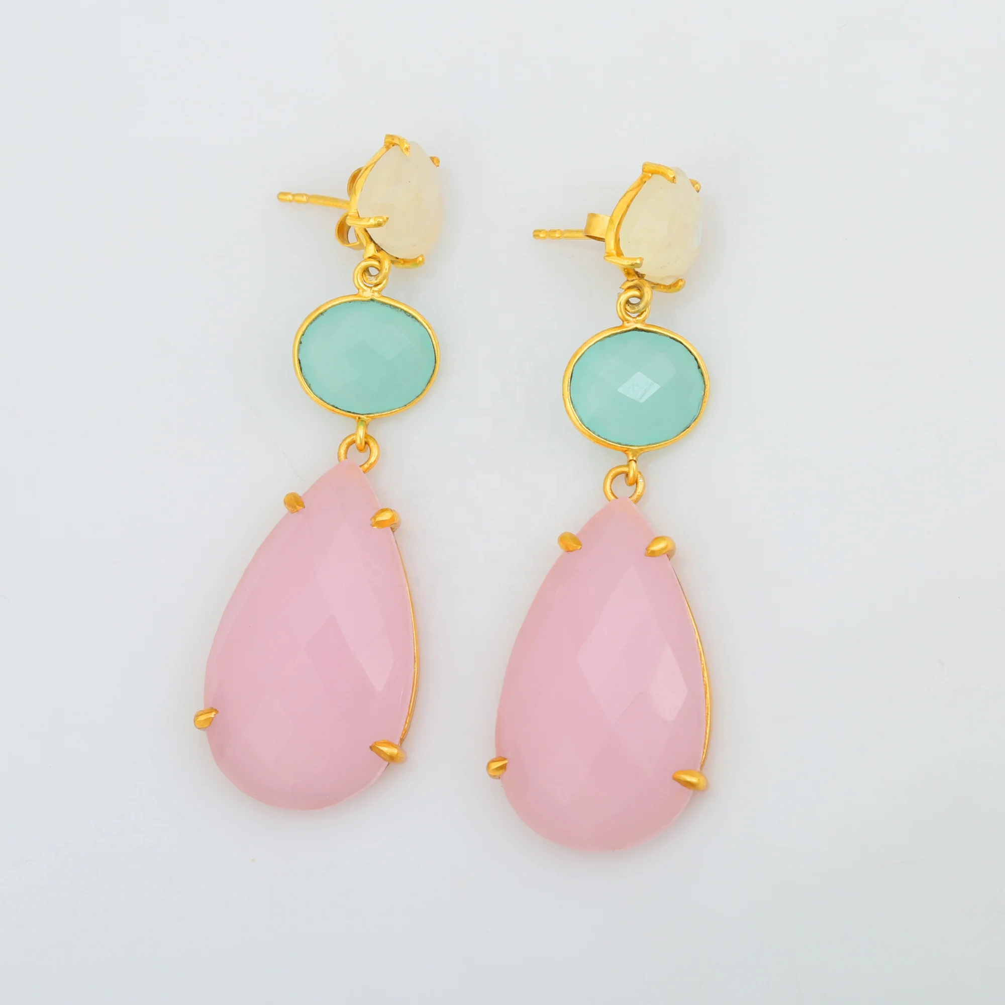 Hot Natural White Rainbow and Aqua Chalcedony and Cute Pink Rose Multi Stone And Multi Size Earring