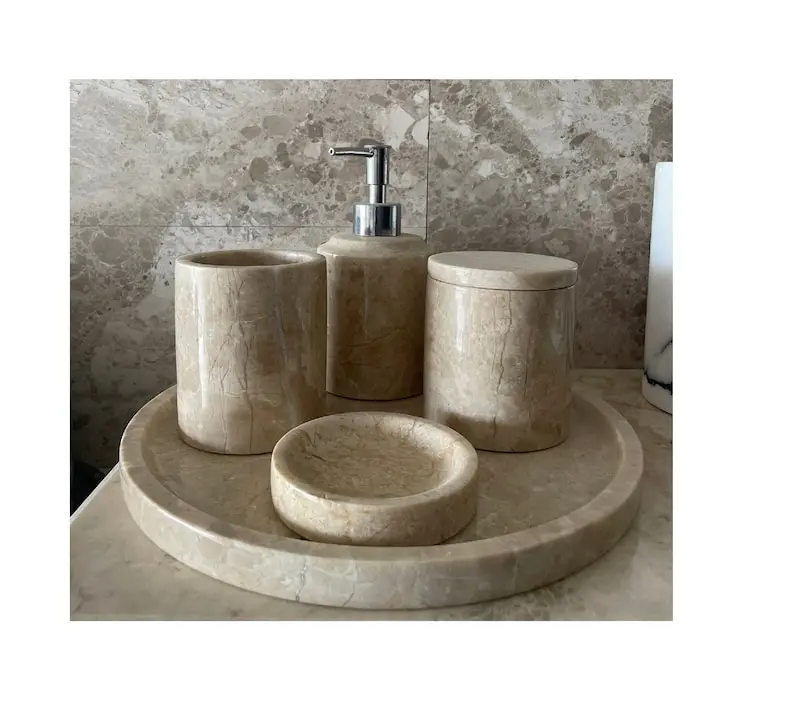 Luxurious Stone Marble Bathroom Accessories - Handmade Useful Dispenser Tumbler Toothbrush Holder Jar Storage Box Soap Dish Tray