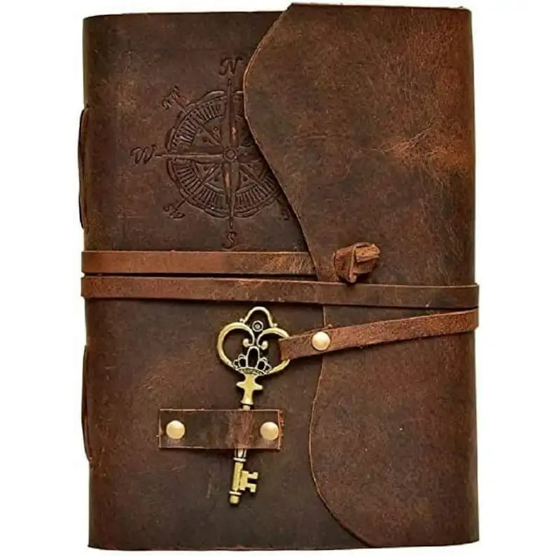 Antique Handmade Compass Vintage Leather Journal Bound Journal With Deckle Edge Paper Diary  Leather Sketchbook women 6X8 inch