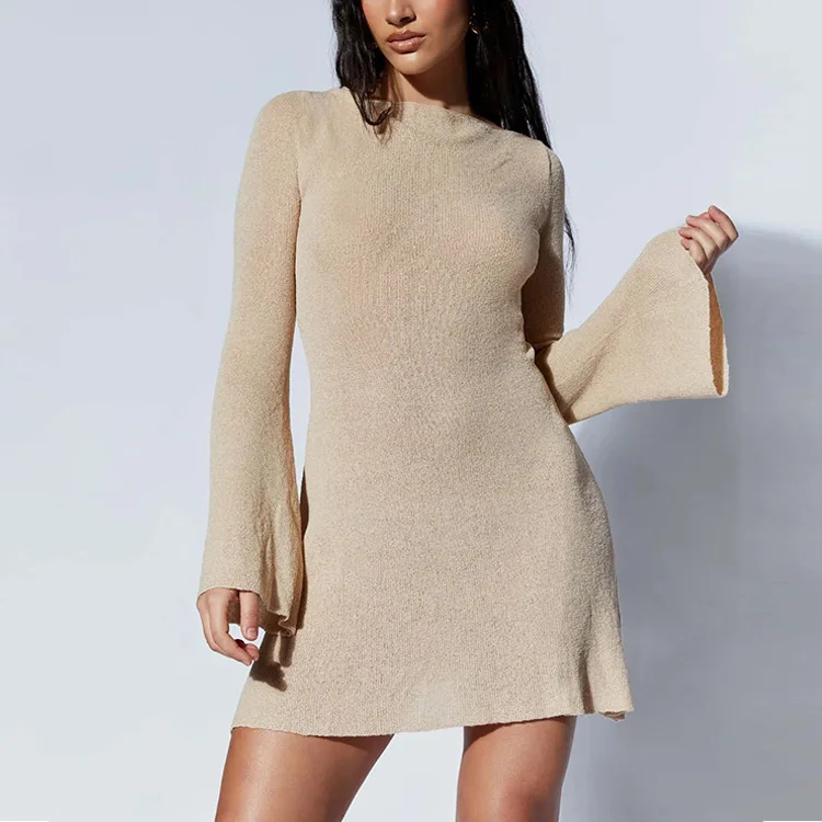 Women Slip Maxi Dress V Neck Sexy Ribbed Bodycon Dresses Long Sleeve Knitted Sweater Mini Swing Shift Skater Woman Casual Dress