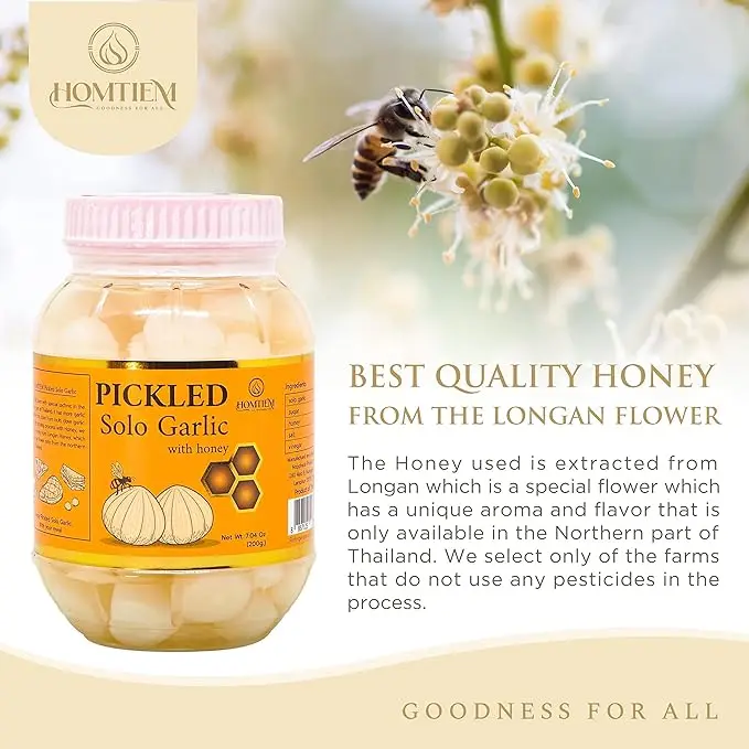 Homtiem Pickled Solo Garlic with Honey 7.04 Oz (200g.) Non-Additives, Non-Preservatives for Appetizers Healthy