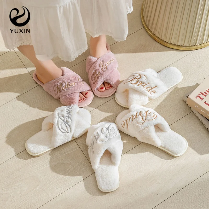 Fluffy Bride Slippers Fall Cross Fluffy Slipper Bridesmaid Gift Slipper for Women Bachelorette Party Gift