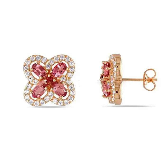 Latest Quality Rose Gold Natural Diamond Pink Tourmaline Gemstone Stud Earrings From India