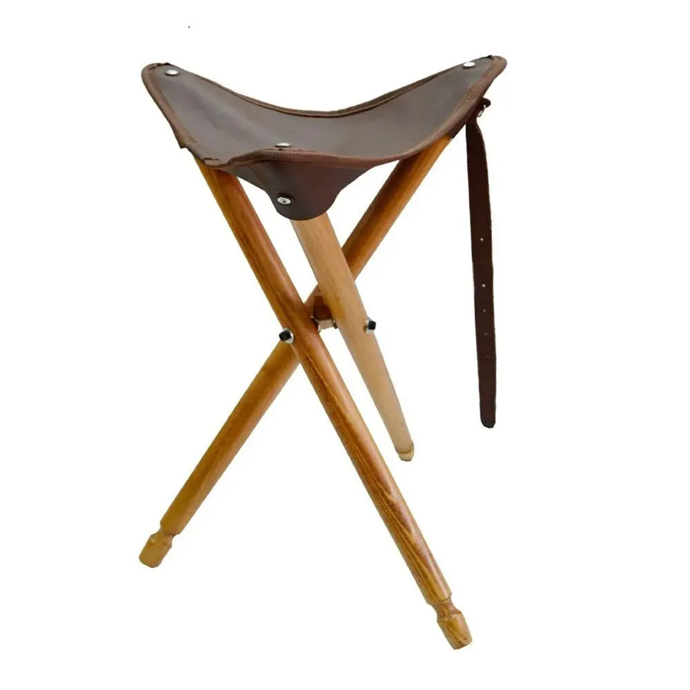 Hunting Wooden Chair with leather Seats Outdoor Tripod Chair / Portable Folding Hunting Stool Leather Tripod Chair