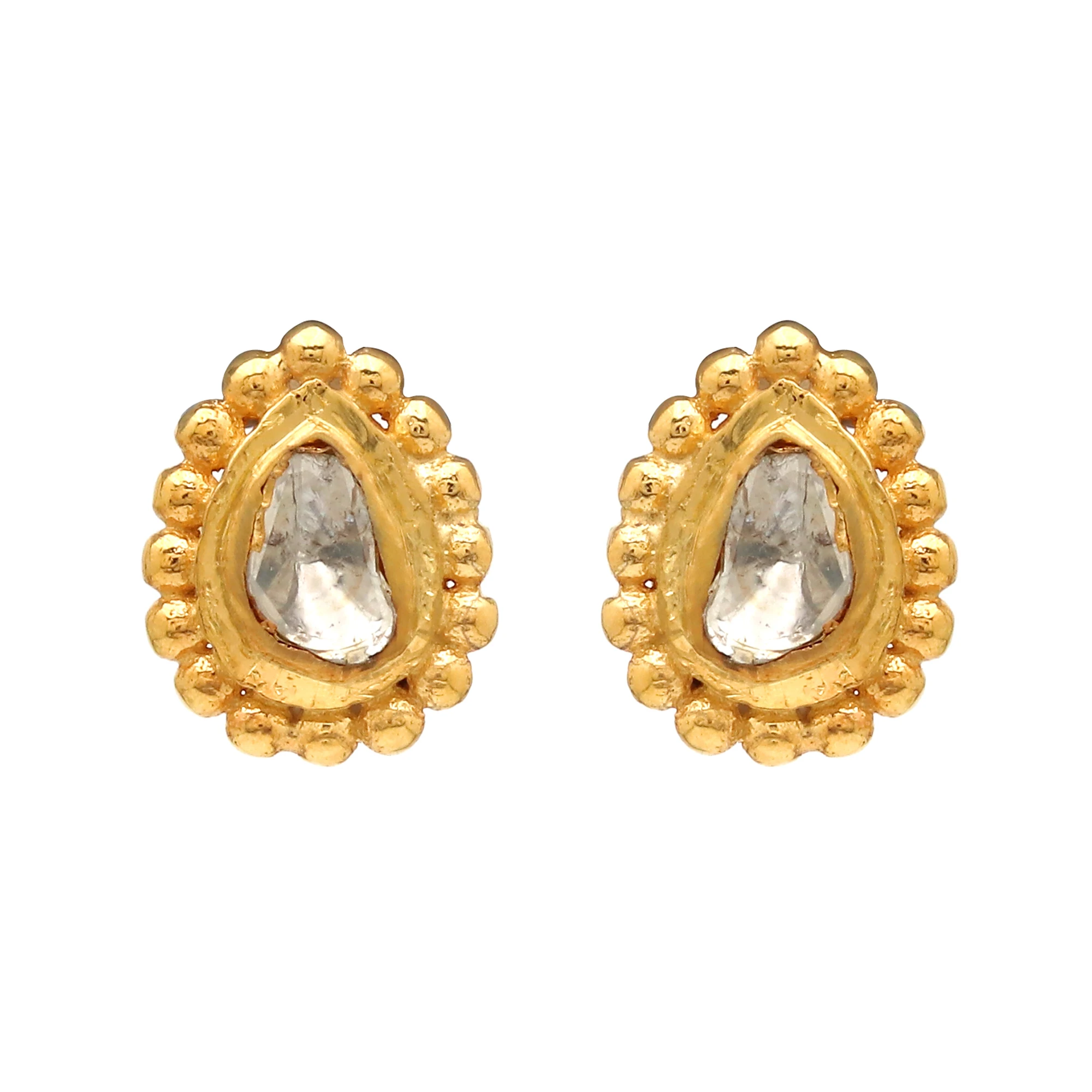 Exquisite And Stunning New Design Tear drop 925 Sterling Silver Gold Plated Polki Diamond Stud Earring