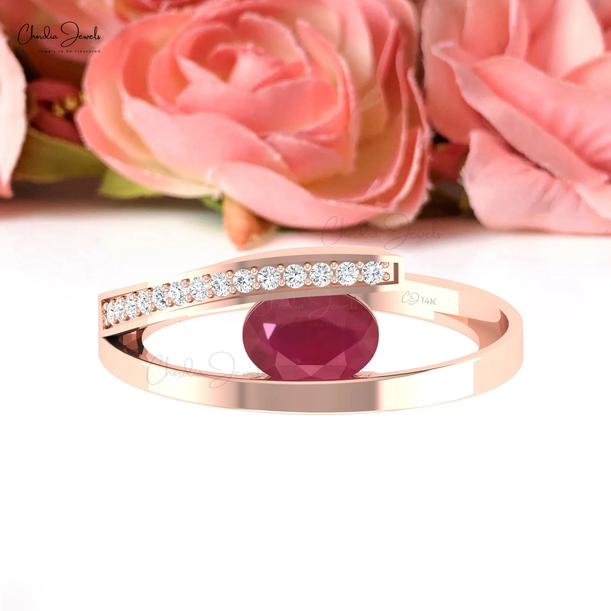 Most Sell Products 7x5mm Oval Ruby Gemstone Bypass Ring For Women 14k Solid Yellow Rose Gold Diamond Rings At Discounted Price