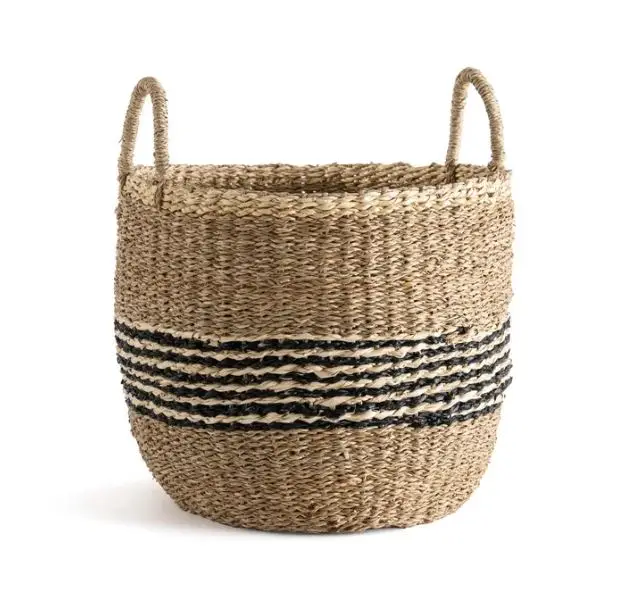 Eco-friendly Natural Base Print Color Household Multi Functional Basket Clothes Storage Hand-Woven Laundry Seagrass Baskets