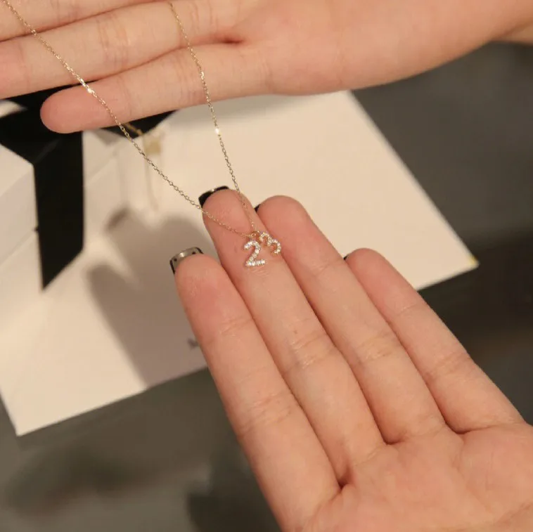 Personality simple 925 sterling silver plated 18K gold diamond number 23 pendant necklace clavicle chain